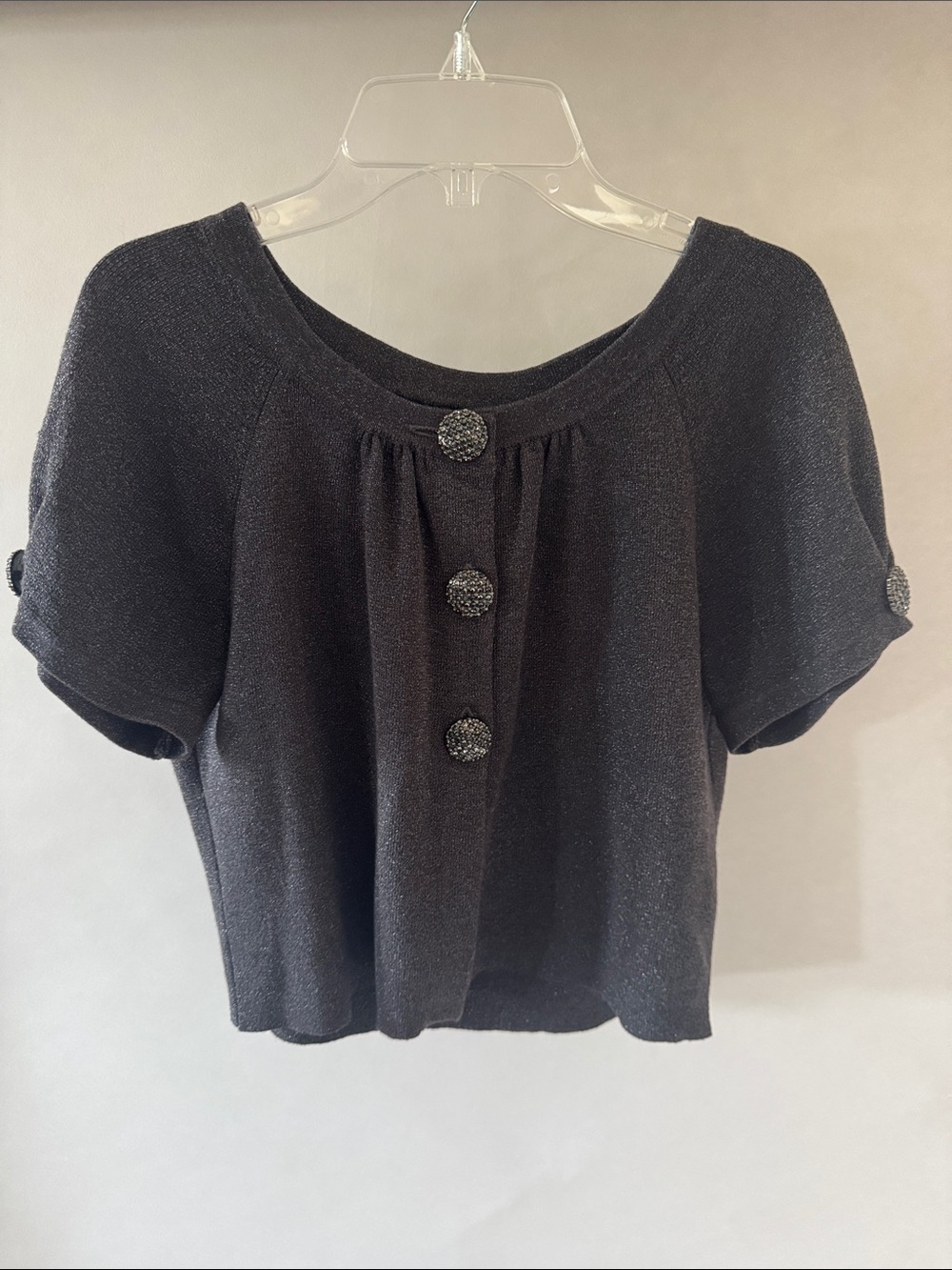 Nicole by Nicole Miller Shimmery Charcoal Short-Sleeve Button Crop Top